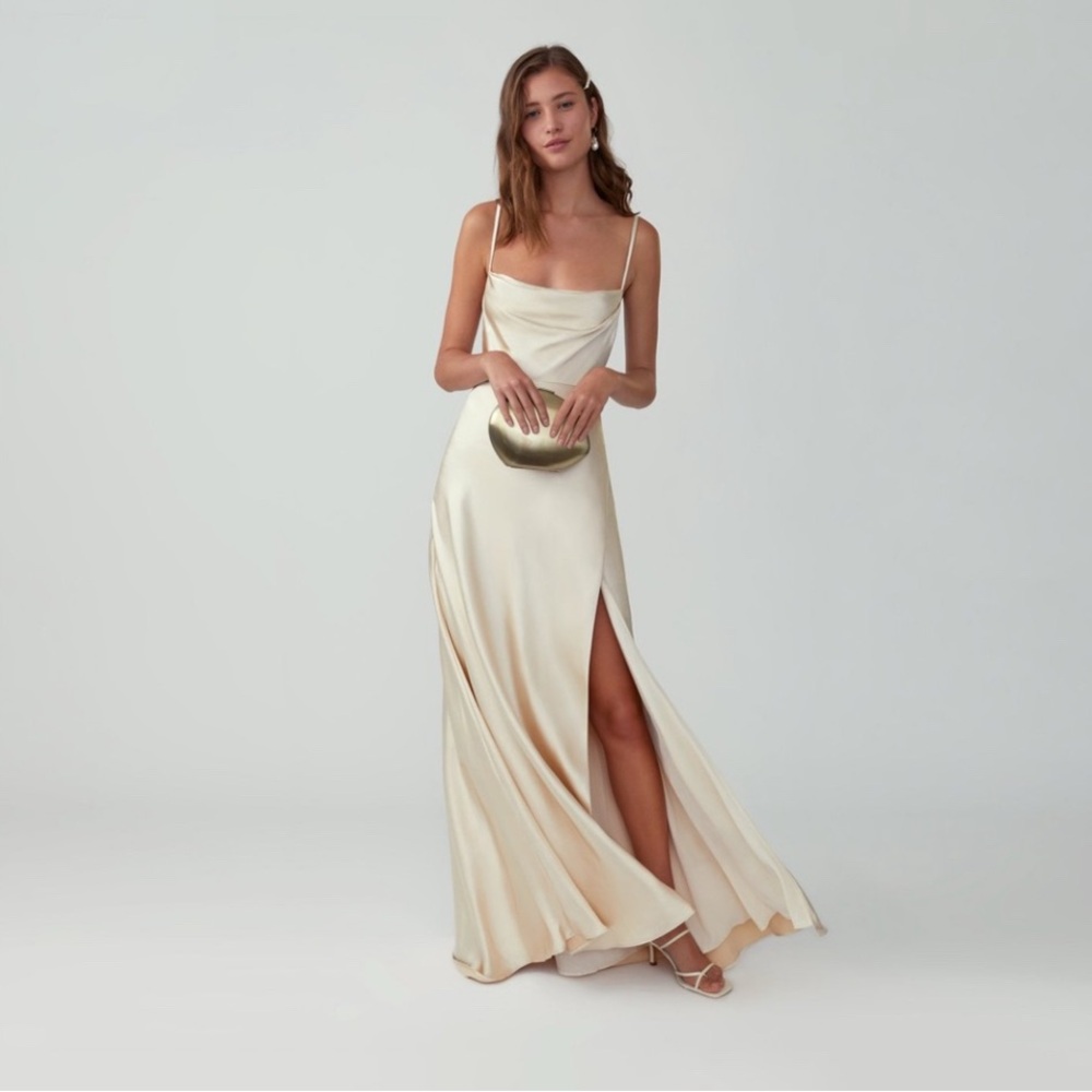 Fame and Partners Cream Satin Maxi Dress with Side Slit